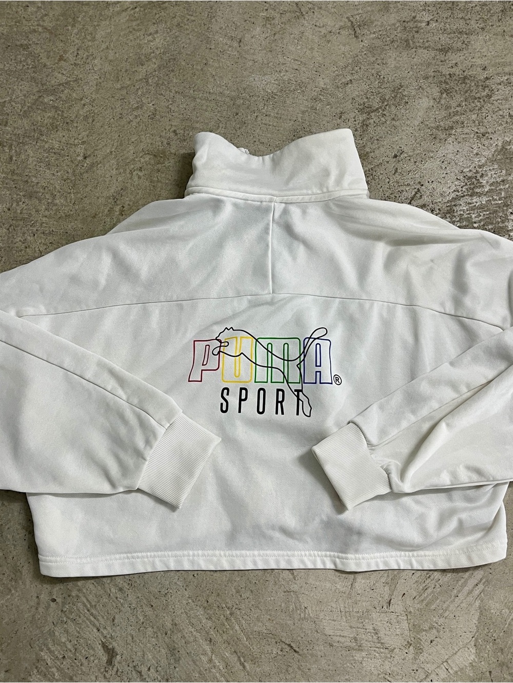 Puma Sport Sweatshirt Womens L White Cropped Spellout Stand Collar 1/4 Zip